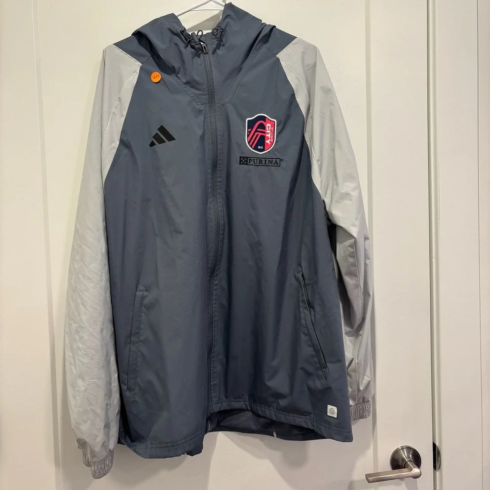 Adidas St Louis City SC Purina Hooded Windbreaker Jacket Mens XL Grey Full Zip